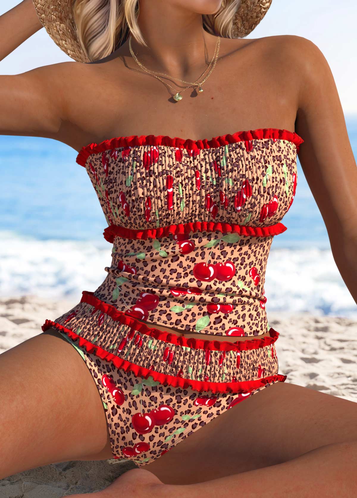ROTITA Two Piece Red Leopard Mid Waisted Tankini Set