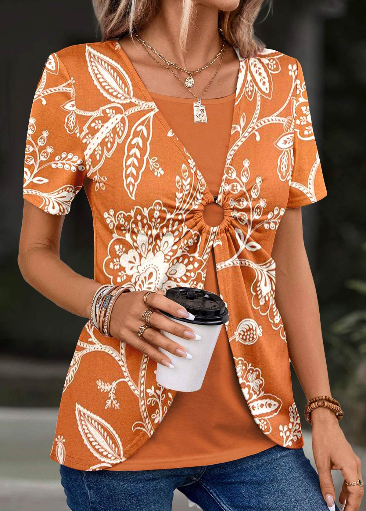 ROTITA Plants Print Orange T Shirt