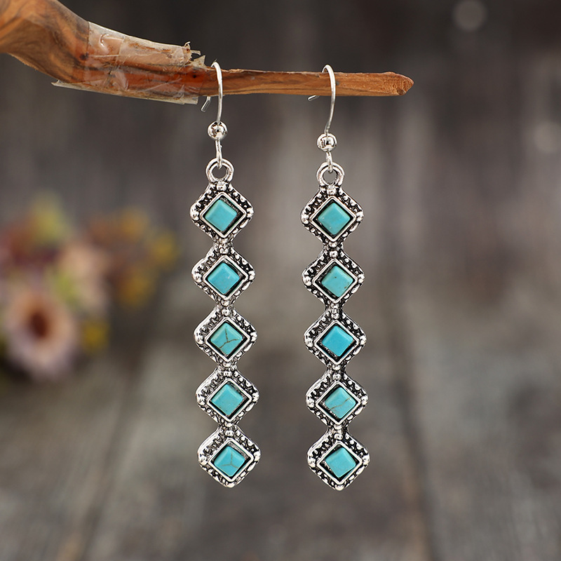 Turquoise jewelry,Square Alloy Detail Turquoise Color Earrings