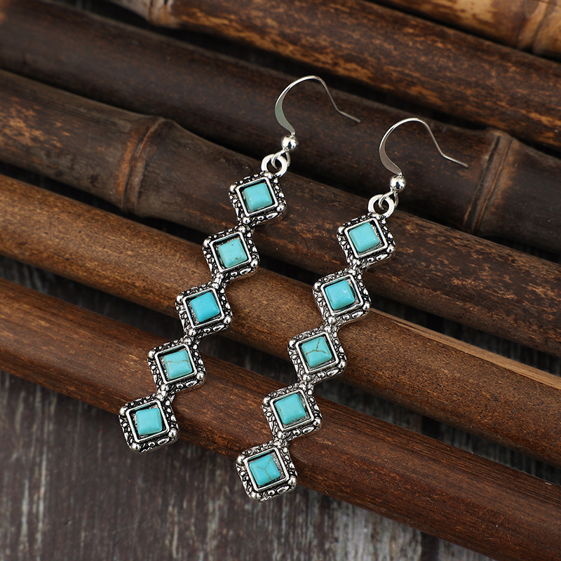 Turquoise jewelry,Square Alloy Detail Turquoise Color Earrings
