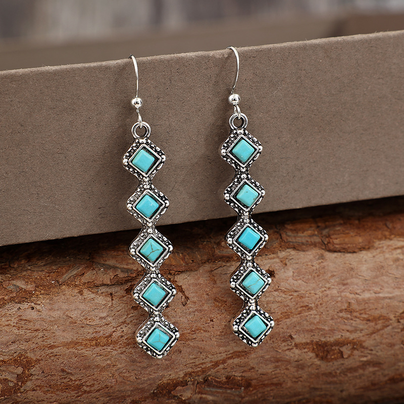 Turquoise jewelry,Square Alloy Detail Turquoise Color Earrings