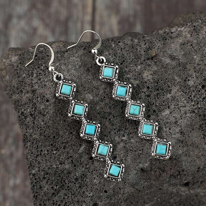 Turquoise jewelry,Square Alloy Detail Turquoise Color Earrings