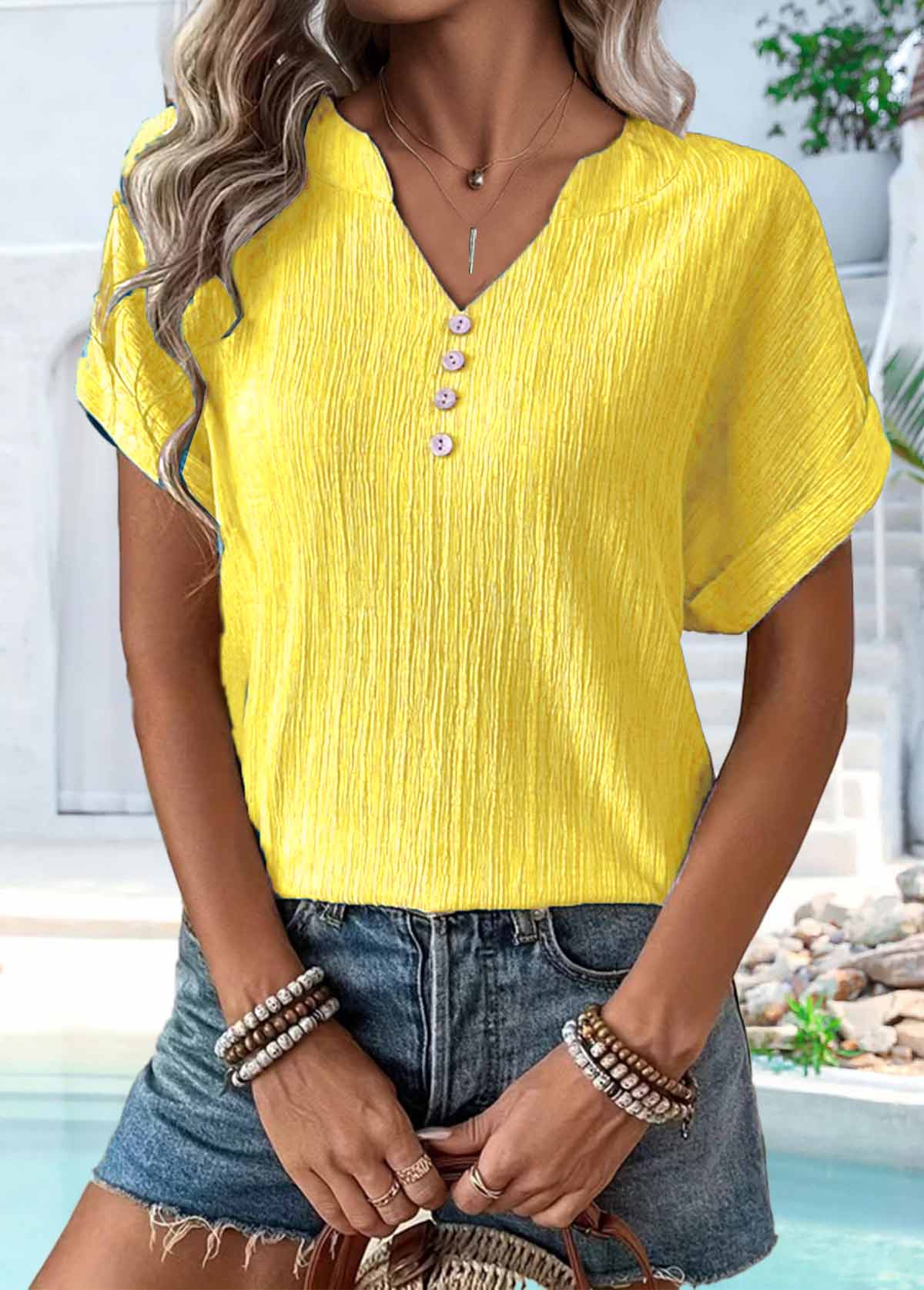 Yellow tops,Plain Color tops,ROTITA Button Yellow Split Neck Short Sleeve T Shirt
