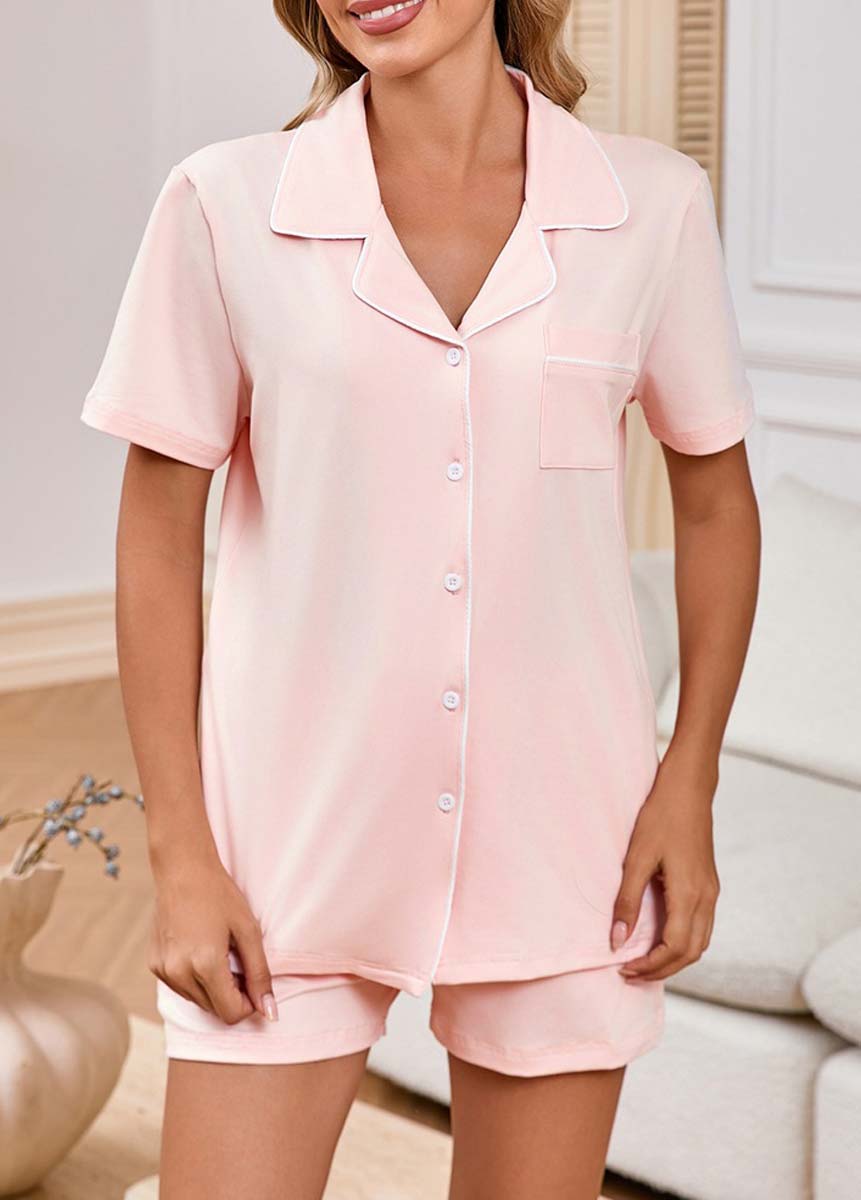 Light Pink loungewear,Contrast Color loungewear,Light Pink Turn Down Collar Lounge Top and Shorts
