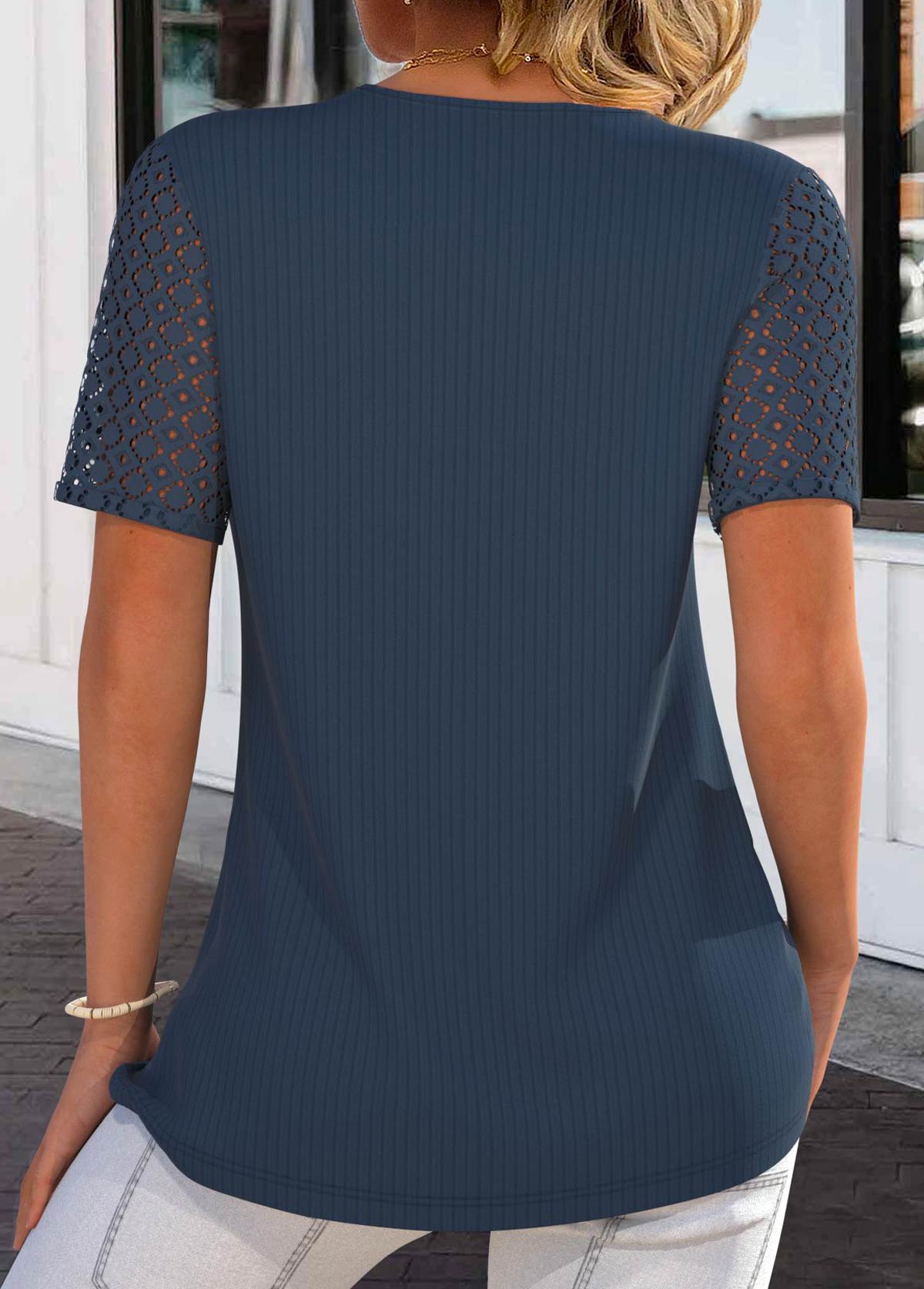 Navy plus size,Plain Color plus size,ROTITA Plus Size Lace Navy Tie Collar T Shirt
