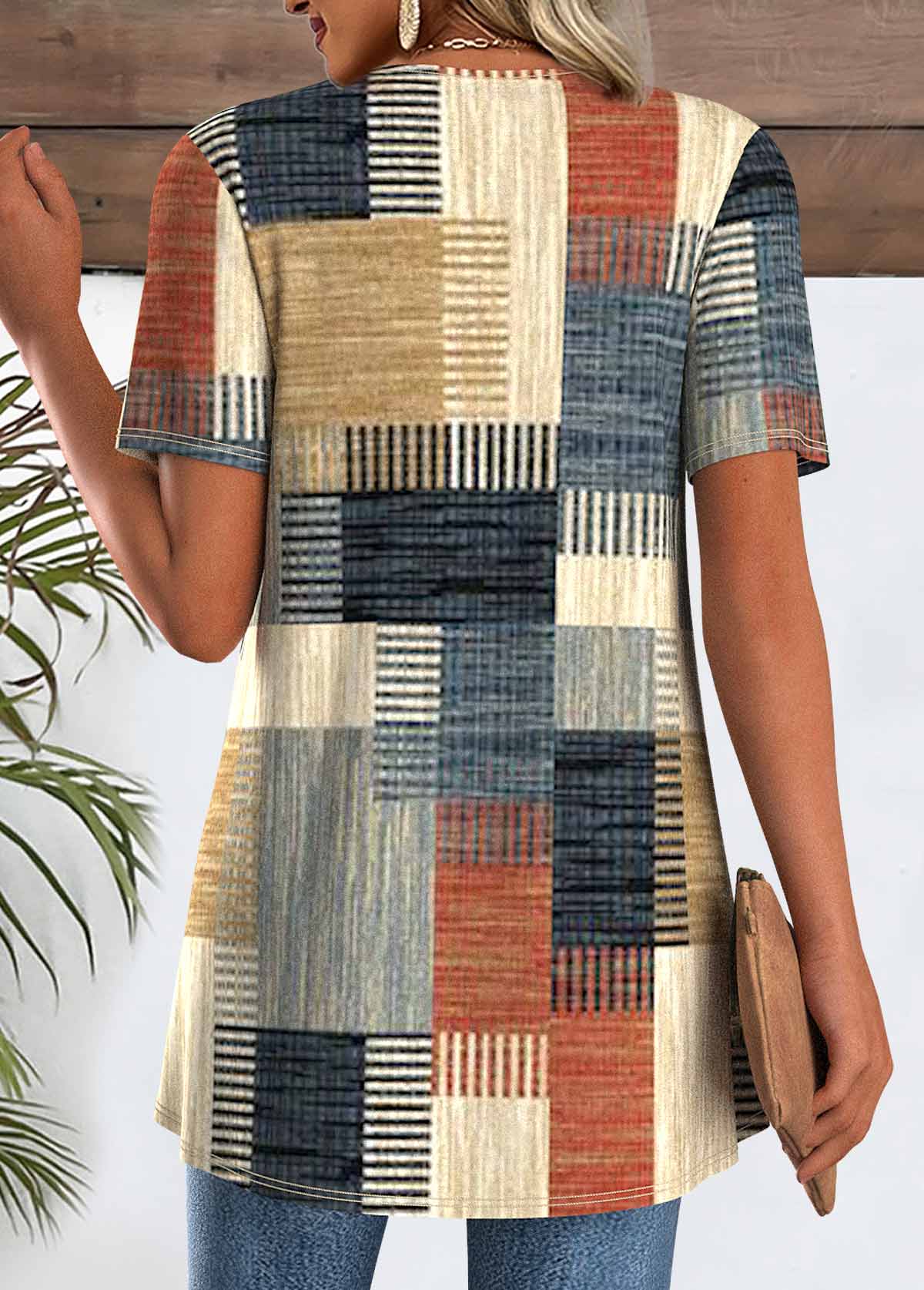 Multi Color tops,Geometric tops,ROTITA Geometric Print Short Sleeve Fake Two Piece Twinset