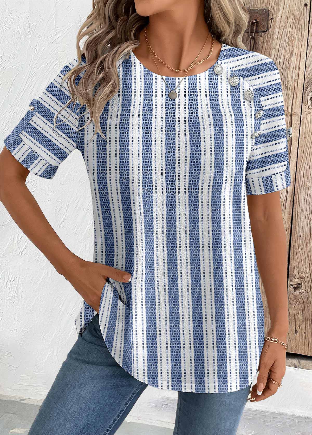 Blue tops,Geometric tops,Striped tops,ROTITA Geometric Print Blue Round Neck Short Sleeve Blouse