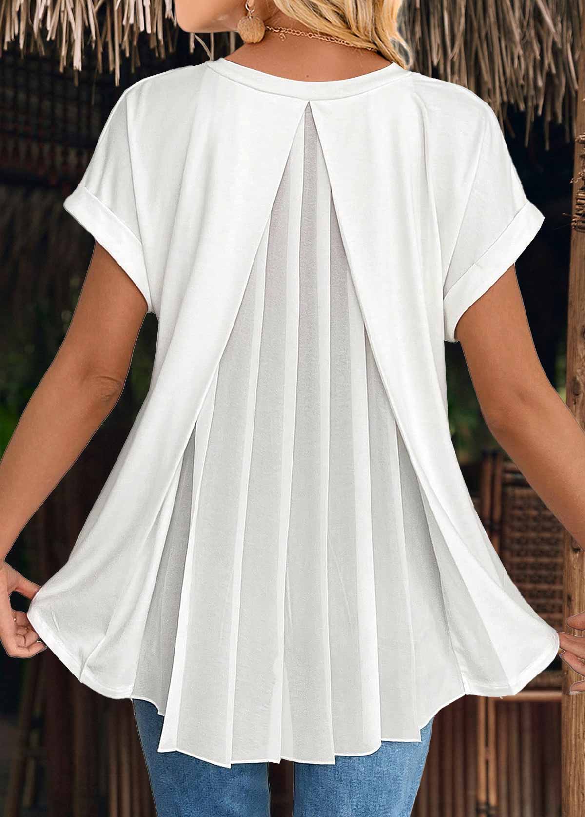 White tops,Plain Color tops,ROTITA White V Neck Short Sleeve T Shirt