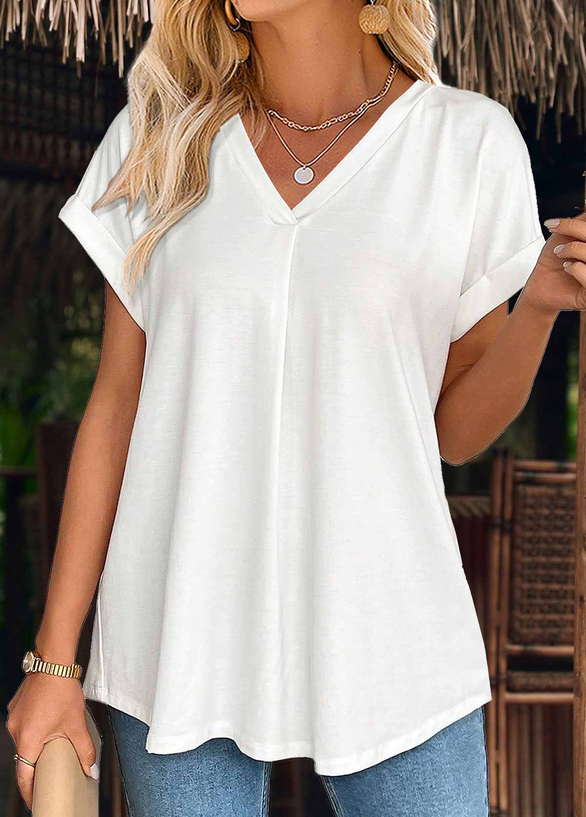 White tops,Plain Color tops,ROTITA White V Neck Short Sleeve T Shirt
