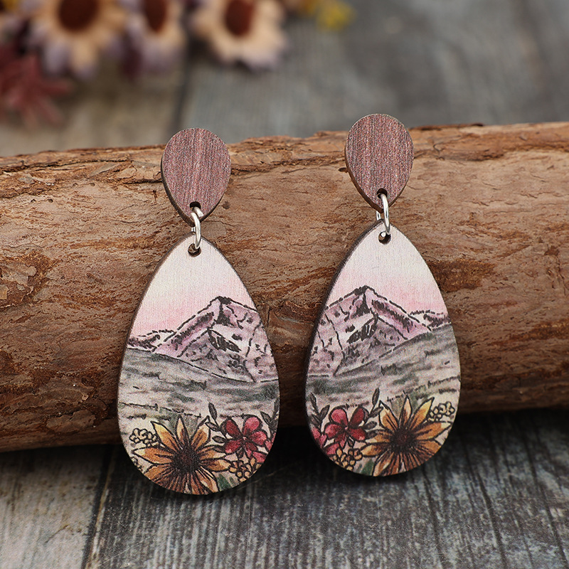 Teardrop Floral Print Multi Color Wood Earrings