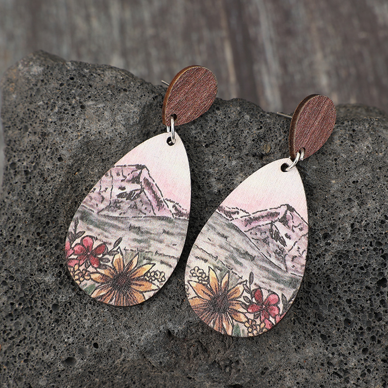 Teardrop Floral Print Multi Color Wood Earrings