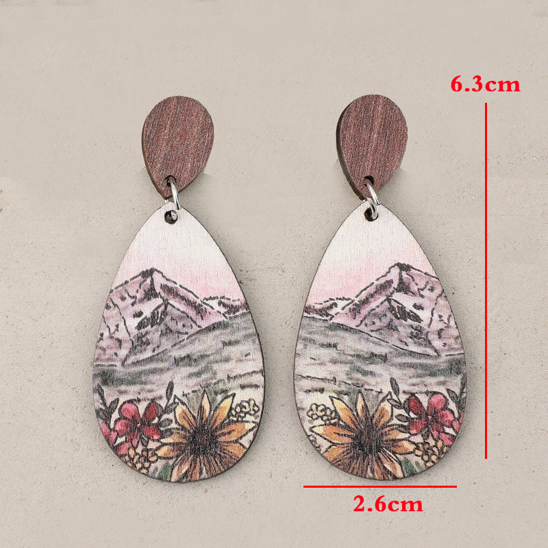 Teardrop Floral Print Multi Color Wood Earrings