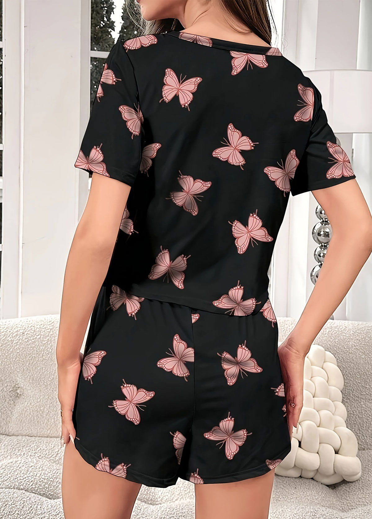 Black loungewear,Animal Print loungewear,Butterfly Print Black Round Neck Lounge Top and Shorts
