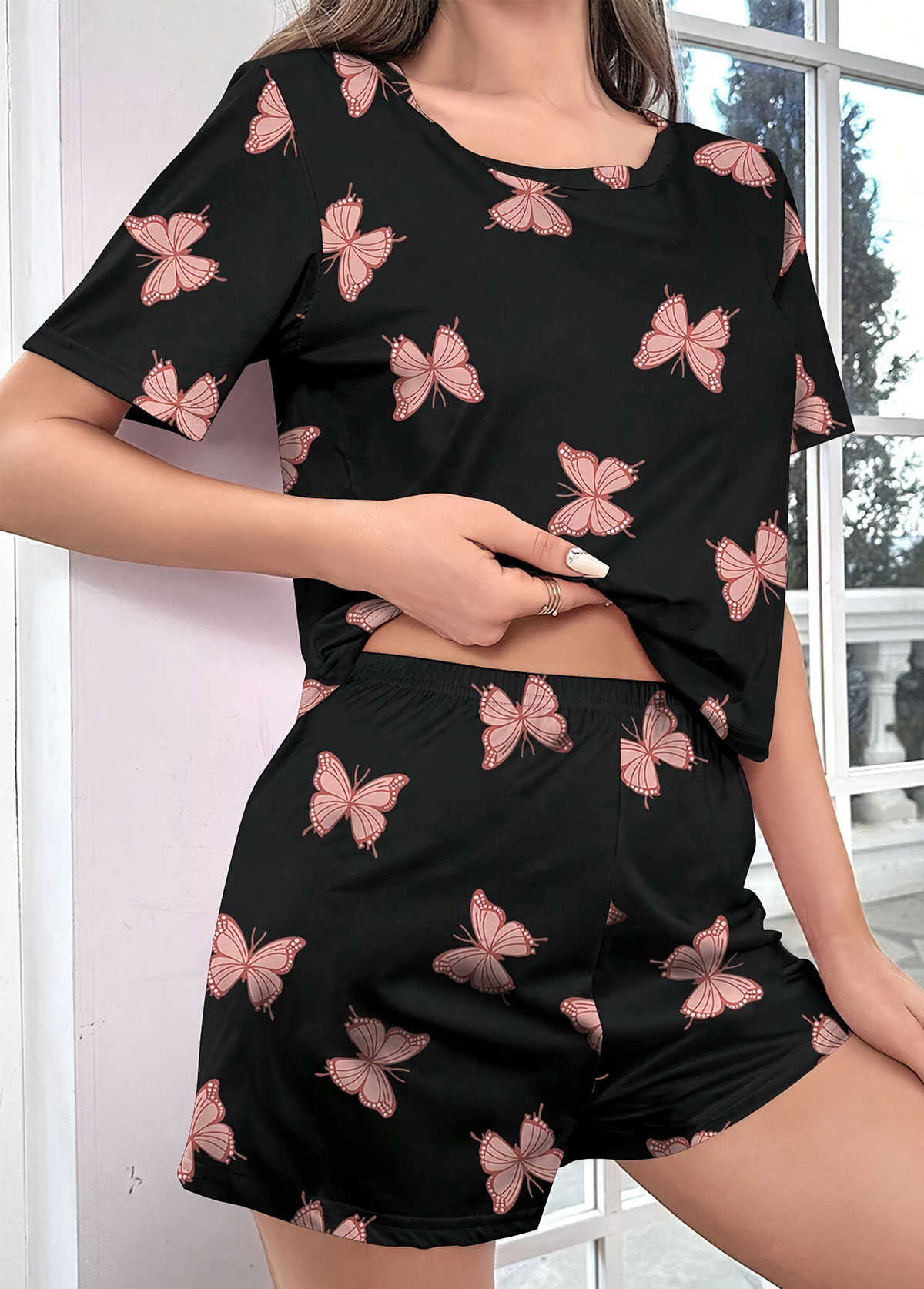 Black loungewear,Animal Print loungewear,Butterfly Print Black Round Neck Lounge Top and Shorts