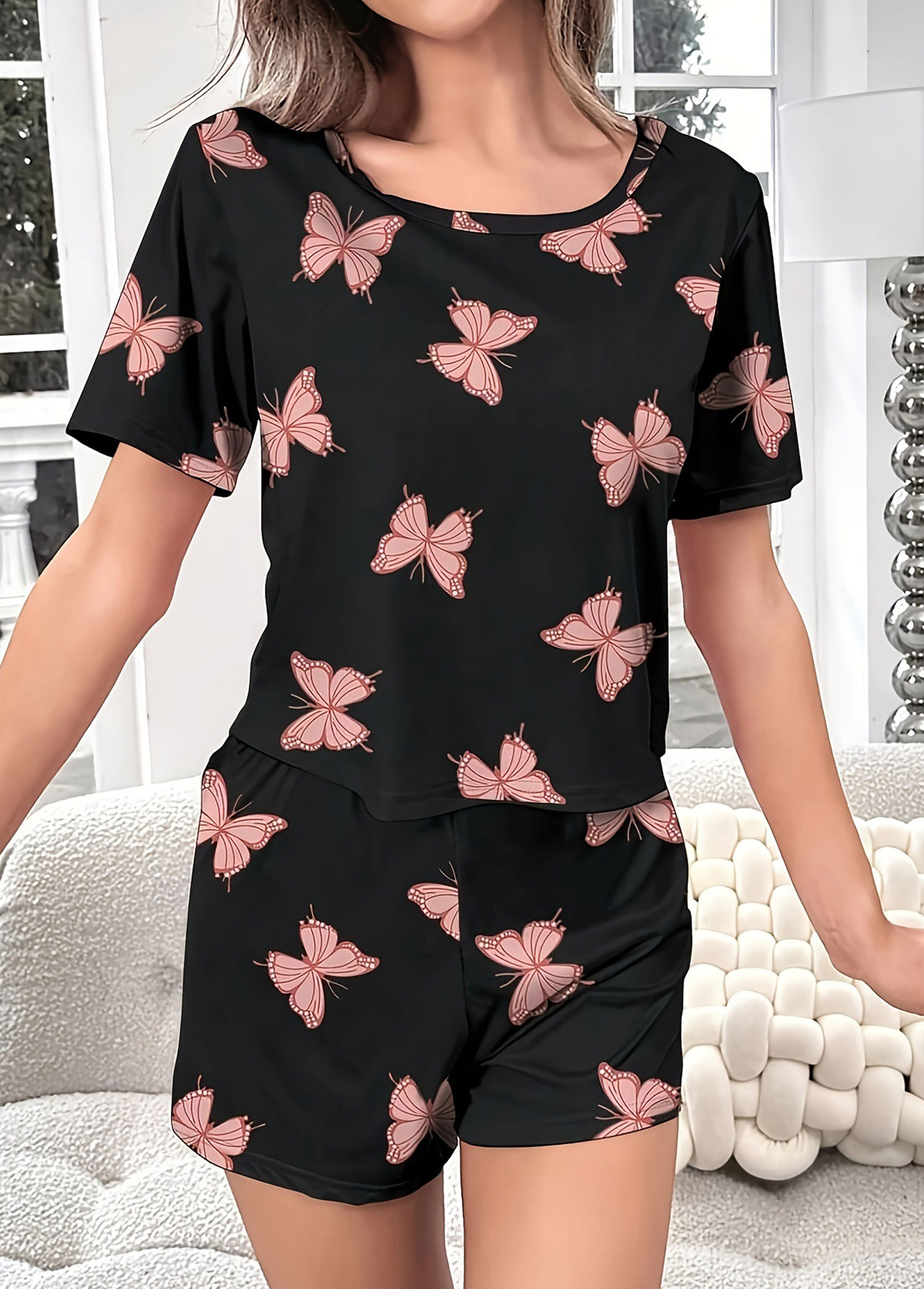 Black loungewear,Animal Print loungewear,Butterfly Print Black Round Neck Lounge Top and Shorts