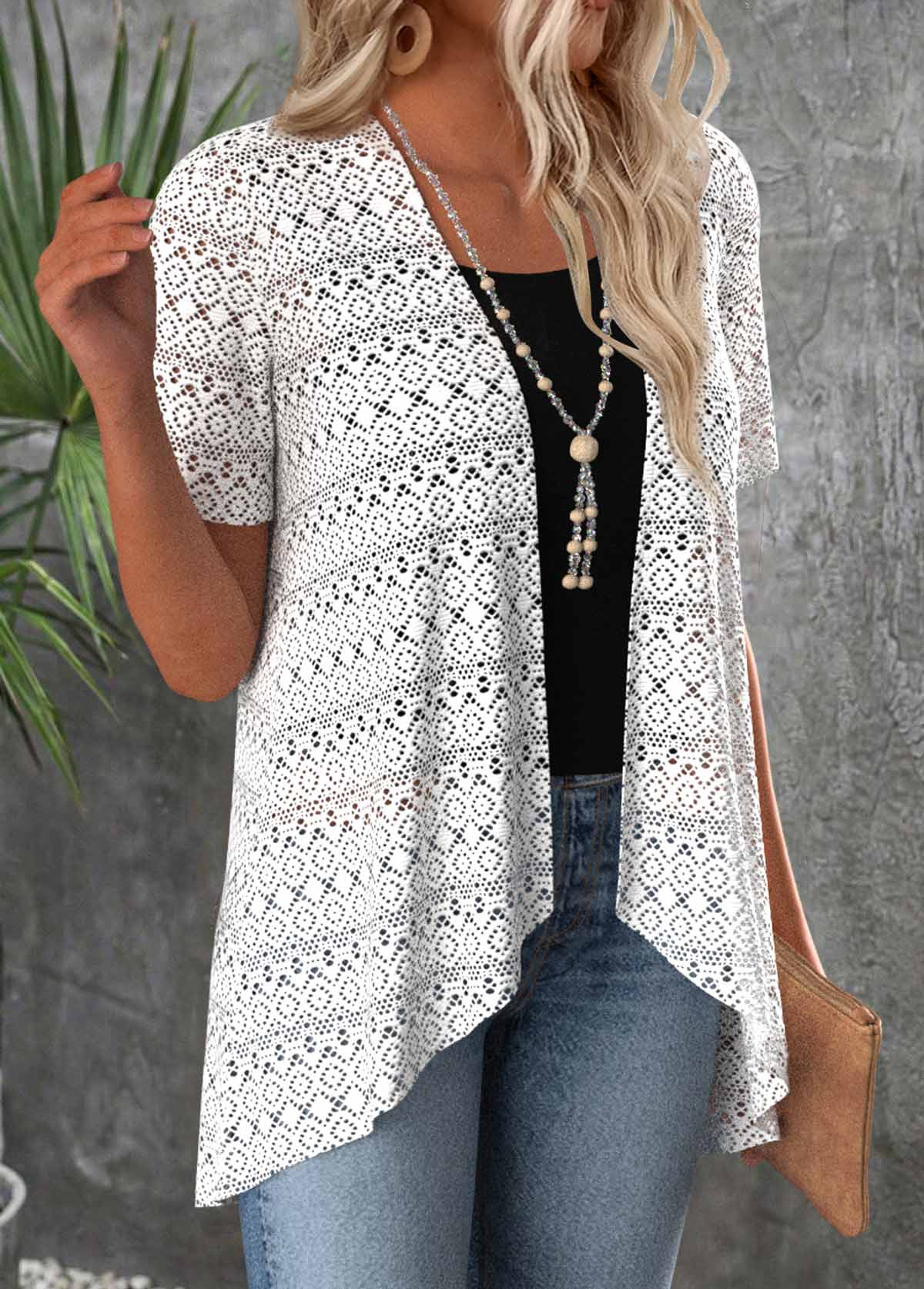 White tops,Plain Color tops,ROTITA Patchwork White Short Sleeve Cardigan and Tank Top