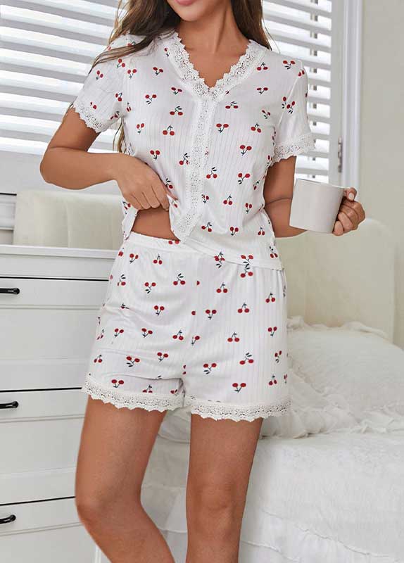 White loungewear,Plants loungewear,White V Neck Short Sleeve Lounge Top and Shorts