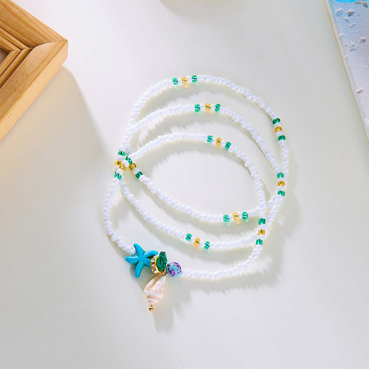 Star White Seed Beads Anklet Set