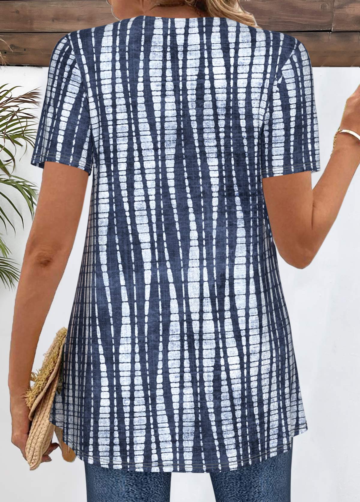 Navy tops,Tie Dye tops,ROTITA Patchwork Tie Dye Print Navy Fake Two Piece Twinset