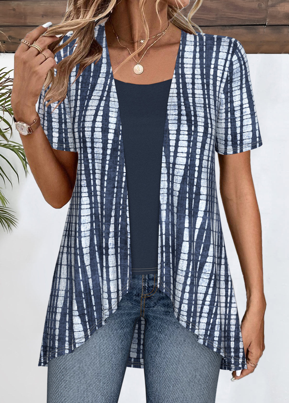 Navy tops,Tie Dye tops,ROTITA Patchwork Tie Dye Print Navy Fake Two Piece Twinset