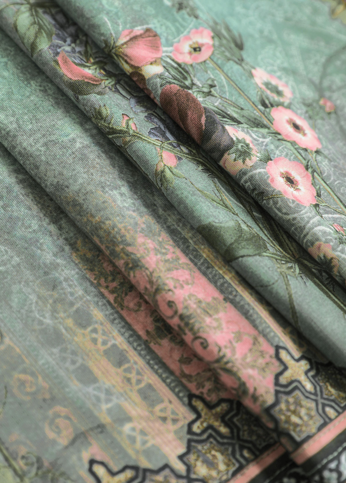 Sage Green tops,Plants tops,ROTITA Tuck Stitch Random Floral Print Sage Green T Shirt
