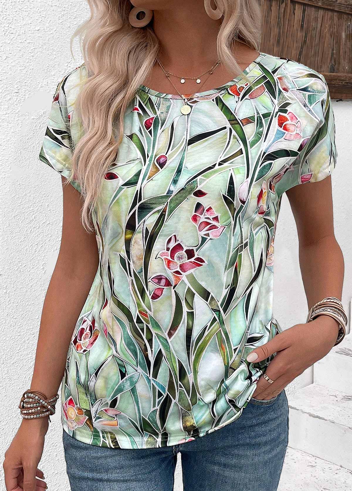 Multi Color tops,Floral tops,Plants tops,ROTITA Floral Print Multi Color Round Neck T Shirt