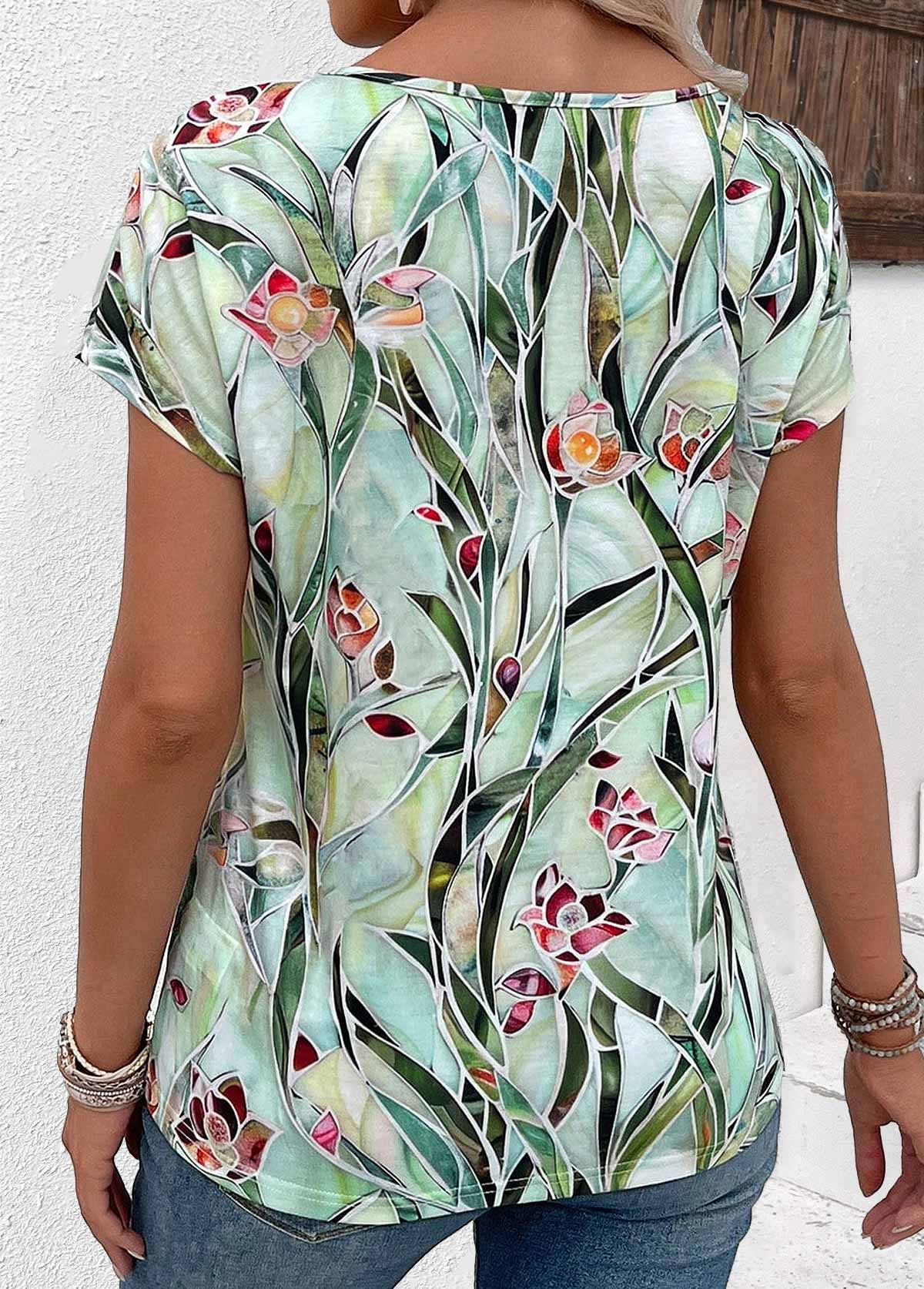 Multi Color tops,Floral tops,Plants tops,ROTITA Floral Print Multi Color Round Neck T Shirt