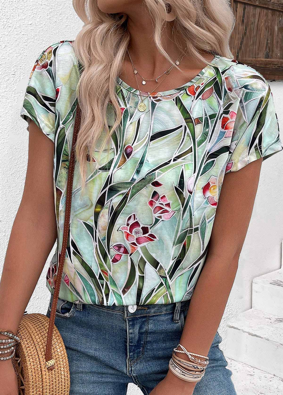 Multi Color tops,Floral tops,Plants tops,ROTITA Floral Print Multi Color Round Neck T Shirt