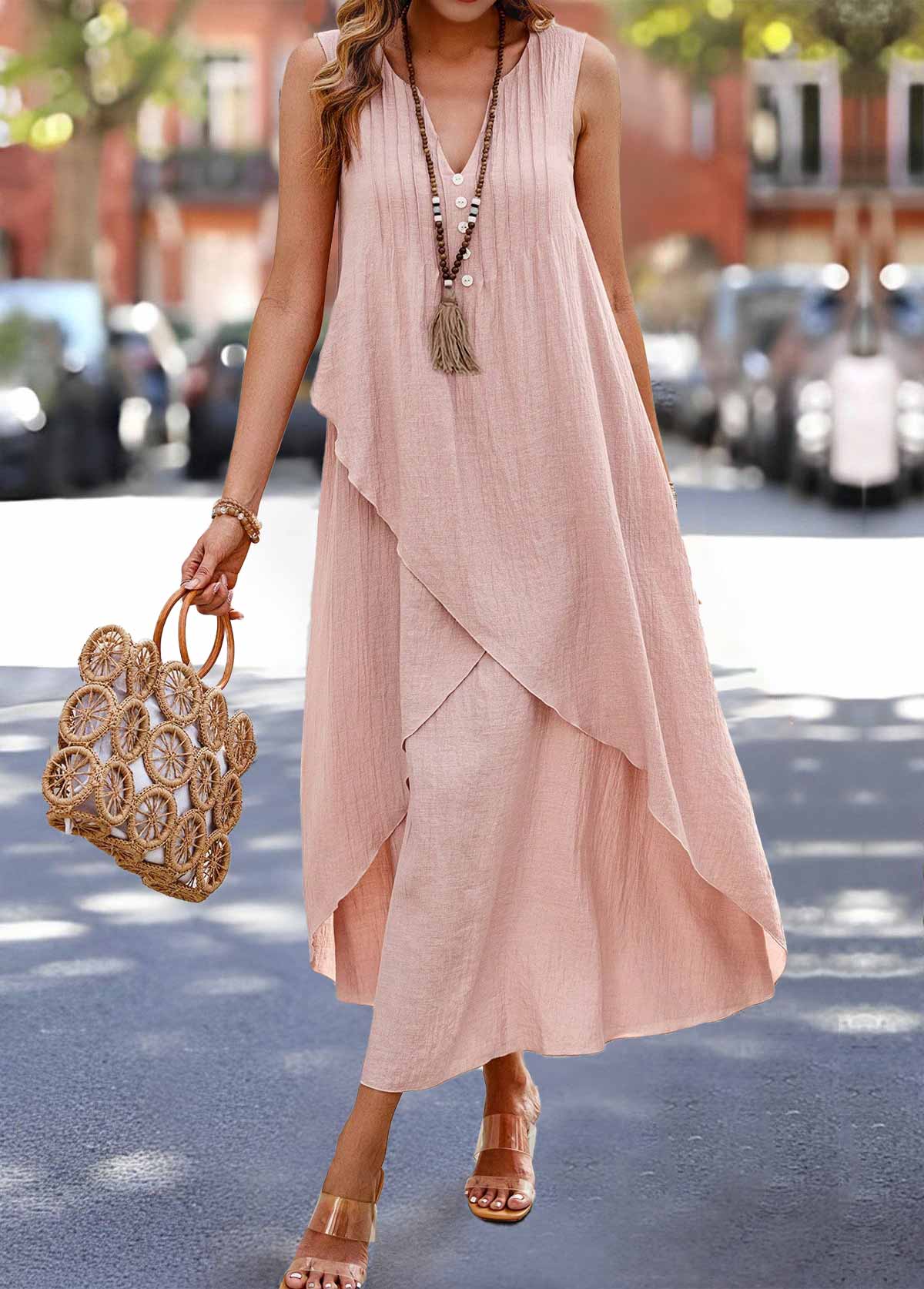 Dusty Pink dresses,Plain Color dresses,Everyday dresses,Casual dresses,ROTITA Dusty Pink Maxi A Line Split Neck Sleeveless Dress