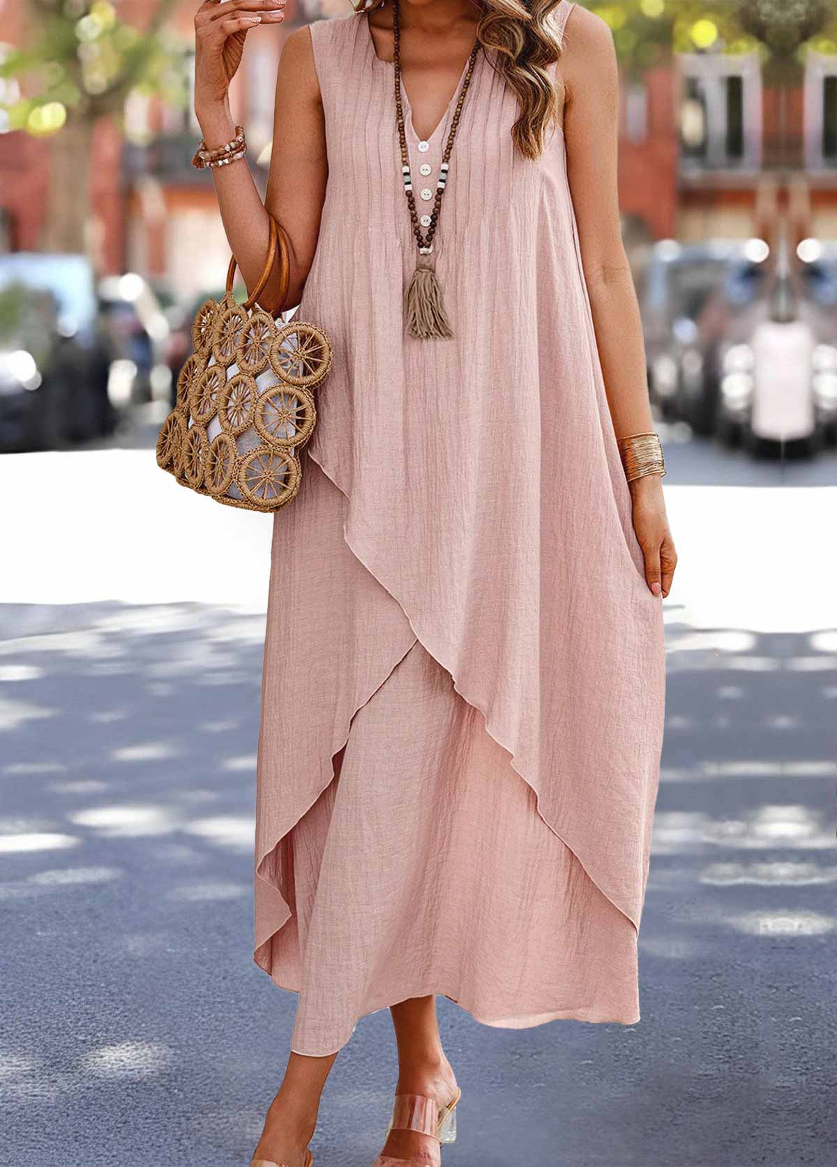 Dusty Pink dresses,Plain Color dresses,Everyday dresses,Casual dresses,ROTITA Dusty Pink Maxi A Line Split Neck Sleeveless Dress