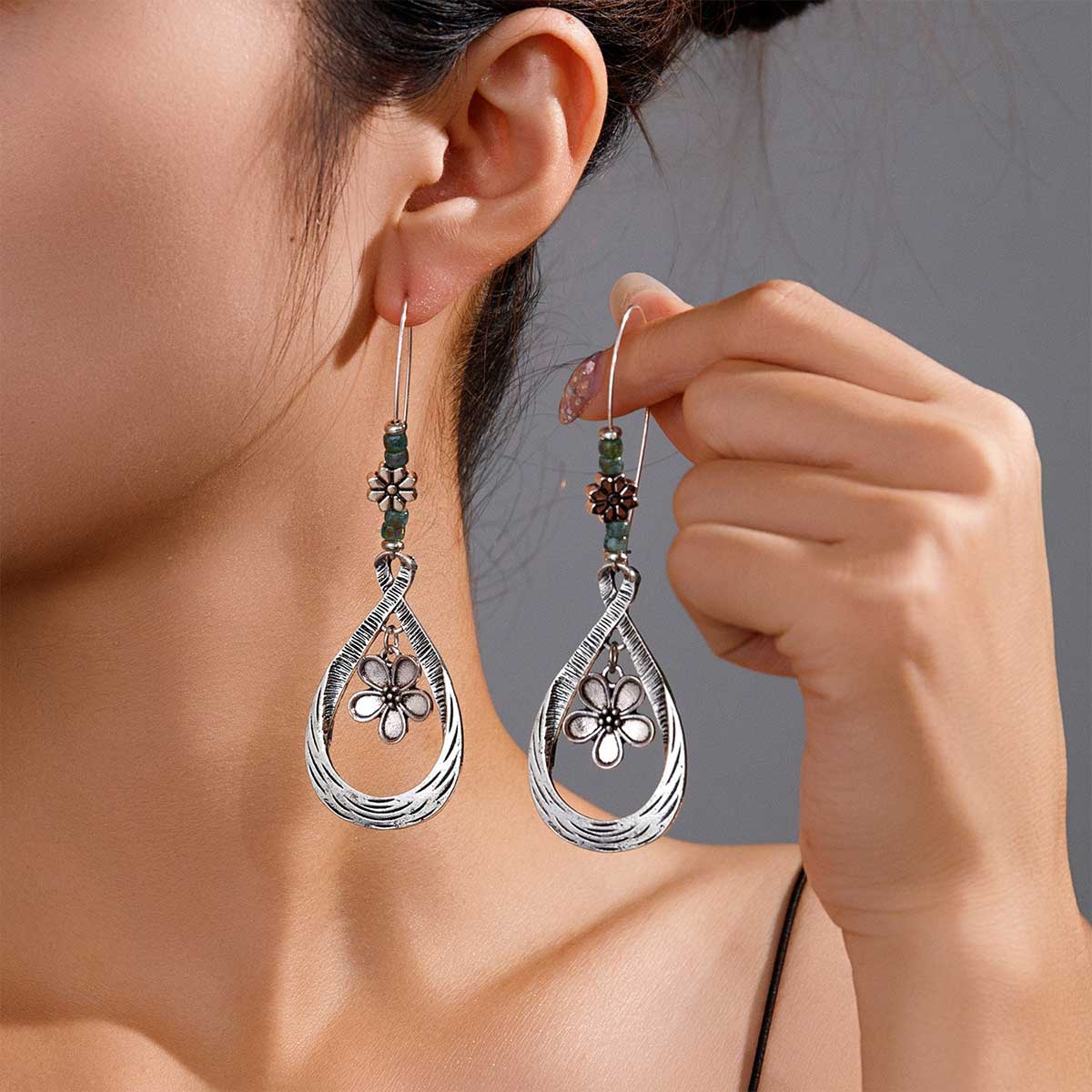 Silver jewelry,Floral jewelry,Plants jewelry,Silver Alloy Tribal Hollow Floral Earrings