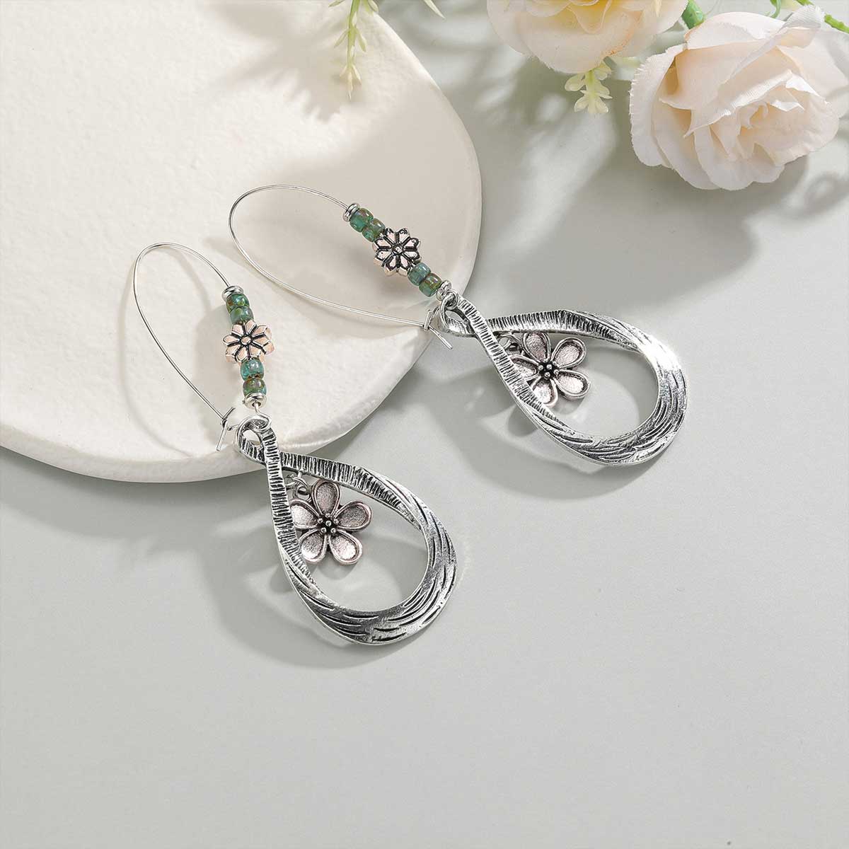 Silver jewelry,Floral jewelry,Plants jewelry,Silver Alloy Tribal Hollow Floral Earrings