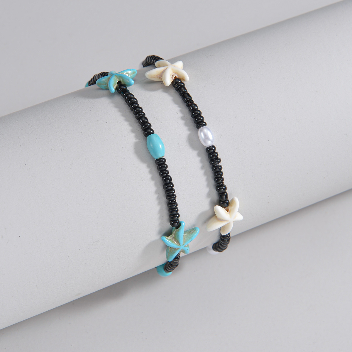 Starfish Black Plastic Beaded Anklet Set