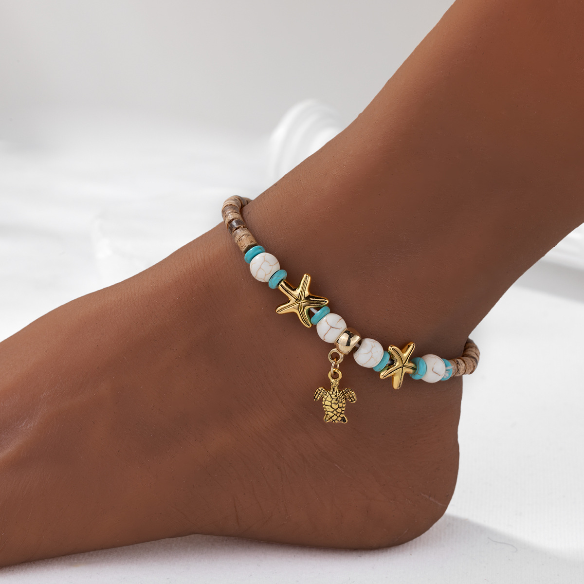 Golden jewelry,Animal Print jewelry,Turtle Golden Alloy Beaded Starfish Anklet