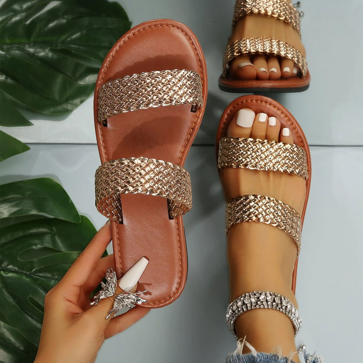 Golden shoes,Plain Color shoes,Golden Faux Leather Falt Open Toe Slippers