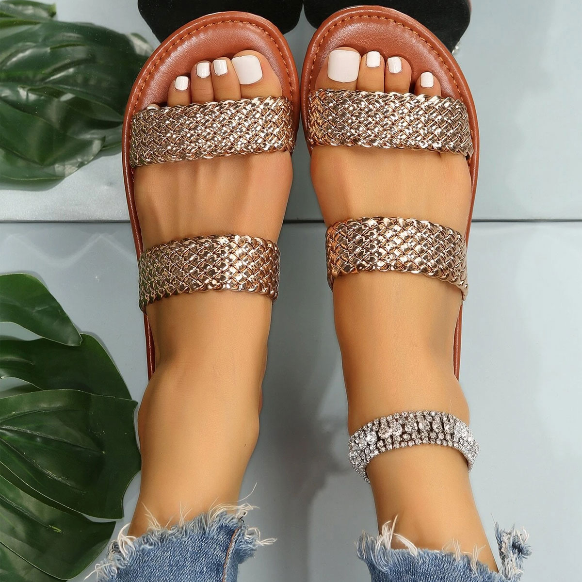 Golden shoes,Plain Color shoes,Golden Faux Leather Falt Open Toe Slippers