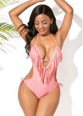 Light Pink swimwear,Plain Color swimwear,ROTITA Halter Tassel Embellished Light Pink One Piece Swimwear