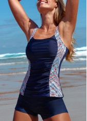 Navy swimwear,Tribal swimwear,ROTITA Patchwork Navy Geometric Print Tankini Top