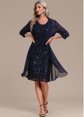 robe droite et cardigan à col rond bleu marine à sequins rotita