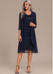 Navy dresses,Plain Color dresses,Party dresses,Elegant dresses,ROTITA Sequin Navy Round Neck Shift Dress and Cardigan