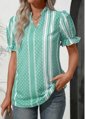 Mint Green tops,Striped tops,Dot tops,ROTITA Frill Striped Mint Green Split Neck Blouse