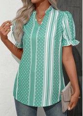 Mint Green tops,Striped tops,Dot tops,ROTITA Frill Striped Mint Green Split Neck Blouse