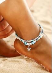 bracelet de cheville cyan avec perles rondes superposées