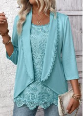 Mint Green tops,Plain Color tops,ROTITA Lace Mint Green Square Neck Fake Two Piece Twinset