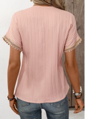 Light Pink tops,Plain Color tops,Patchwork Light Pink V Neck Short Sleeve T Shirt