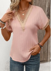 Light Pink tops,Plain Color tops,Patchwork Light Pink V Neck Short Sleeve T Shirt
