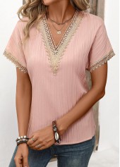 Light Pink tops,Plain Color tops,Patchwork Light Pink V Neck Short Sleeve T Shirt