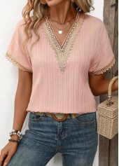 Light Pink tops,Plain Color tops,Patchwork Light Pink V Neck Short Sleeve T Shirt