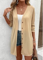 Light Camel tops,Plain Color tops,Button Lightweight Long Sleeve Light Cardigan