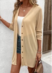 Light Camel tops,Plain Color tops,Button Lightweight Long Sleeve Light Cardigan